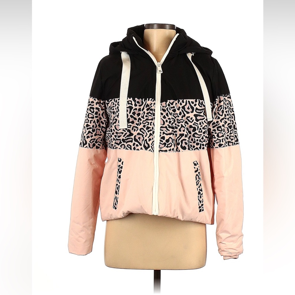 Splash Leopard Colorblock Puffer Jacket Pink Black Hooded Coat Size 6